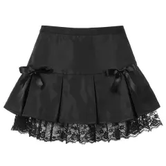 Black Goth Aesthetic Pleated Skirts Women Lace Trim Dance - Black - View 1