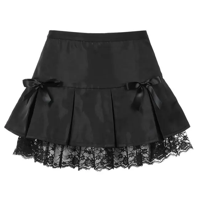Black Goth Aesthetic Pleated Skirts Women Lace Trim Dance Black - Shop at LoveMi