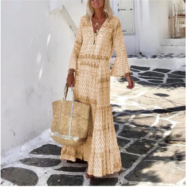 Spring And Summer New Ladies Dress Temperament Trumpet Sleeve Bohemian Geometric Print Long Skirt Yellow - Shop at LoveMi