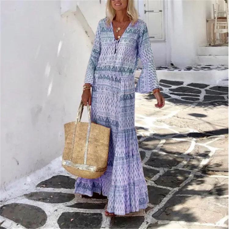 Spring And Summer New Ladies Dress Temperament Trumpet Sleeve Bohemian Geometric Print Long Skirt - Light Blue