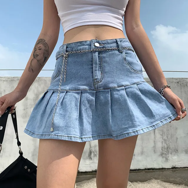 Sexy Pleated Denim Skirt Blue - Shop at LoveMi