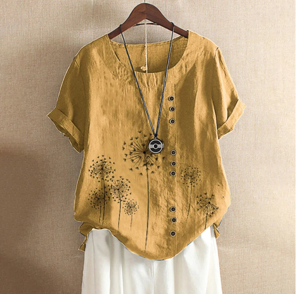Printed Button Pullover Short Sleeve Ladies Shirt