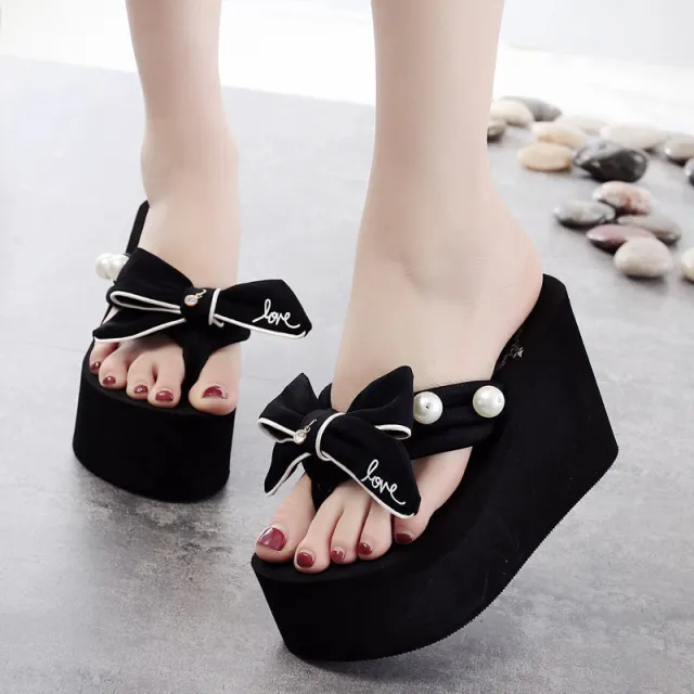 Shining 8cm High Heeled Flip Flops Handmade Bow Black - Shop at LoveMi