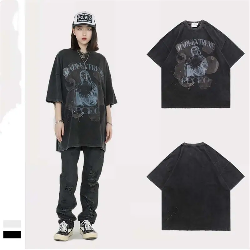Portrait Base Distressed Printing Couple Short-sleeved T-shirt