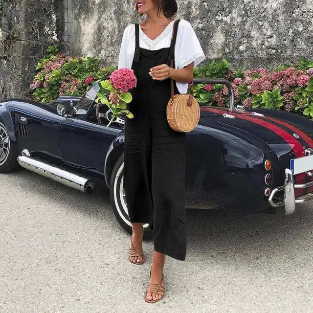Cotton And Linen Loose Straight leg Casual Overalls Black - Shop at LoveMi