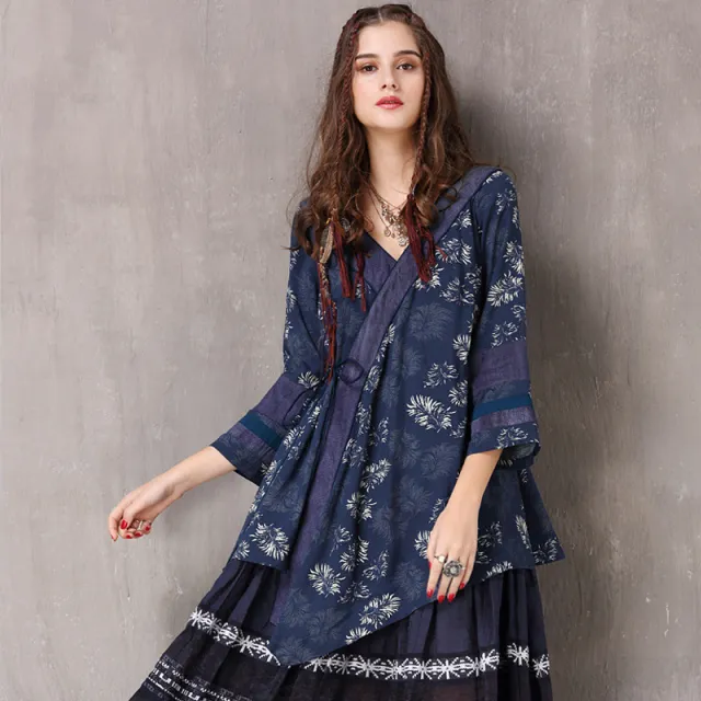 Spring New Printed Retro Irregular V Neck Sleeve Shirt Blue - Shop at LoveMi