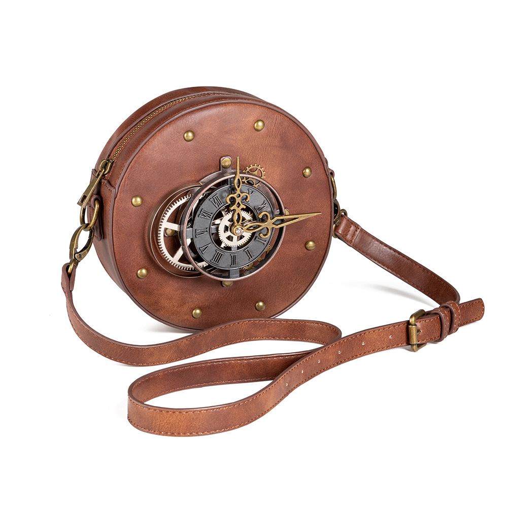 Steampunk Women's One-shoulder Messenger Bag PU Leather Retro Style Round Locomotive Bag