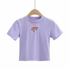 Round Neck Short Sleeves Slim Slimming Short Embroidered T Shirt - Purple - View 1