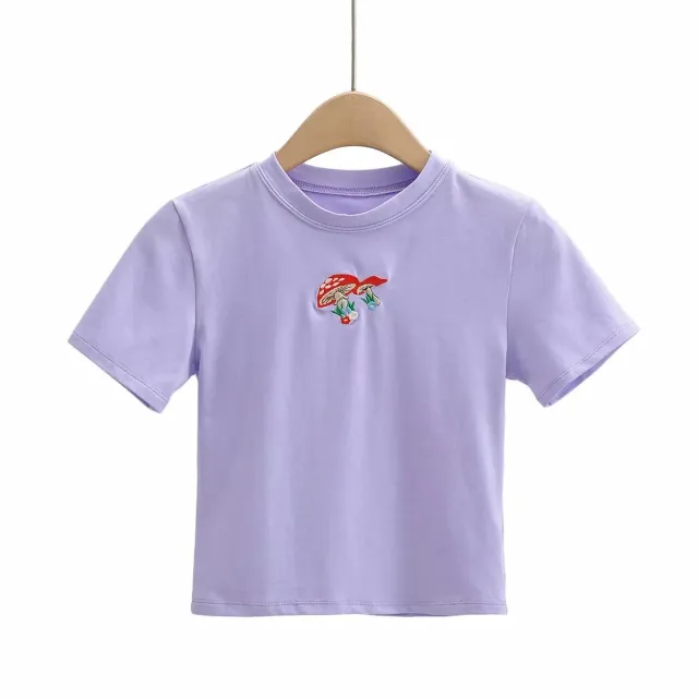 Round Neck Short Sleeves Slim Slimming Short Embroidered T Shirt Purple - Shop at LoveMi