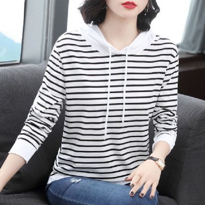 T-Shirt Loose Hooded Middle-Aged Mother Striped Long-Sleeved Casual Plus Size Top Clothes