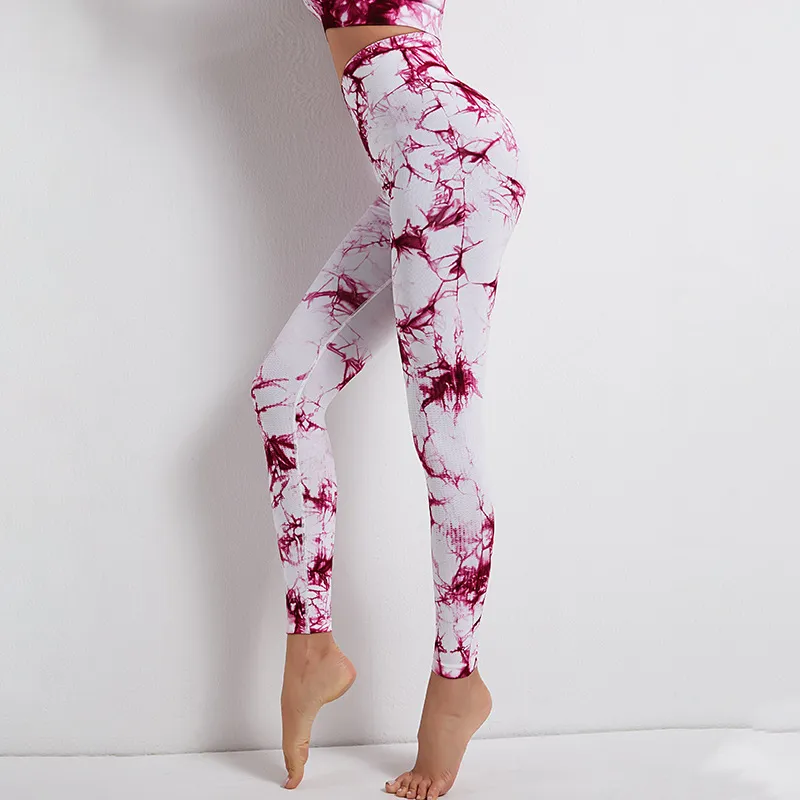 Tie-dye printed yoga pants women's high waist buttocks - Red