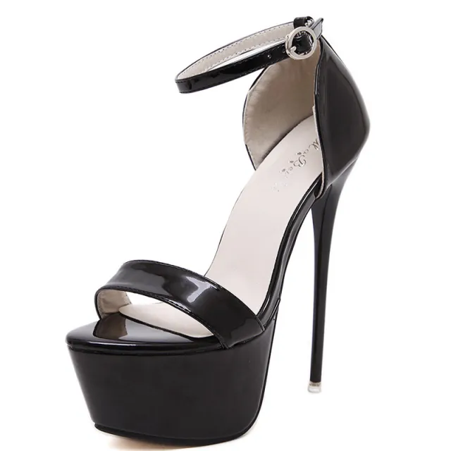 Sexy Patent Leather 16Cm Super High Heel Catwalk Waterproof Platform Color Matching Word Plus Size Sandals For Women Black - Shop at LoveMi