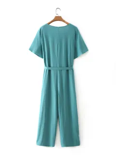 Women Summer Short Sleeve Black Jumpsuit Woman High Waist Lace Up Jumpsuit Romper Casual Overall Femme Wide Leg Pants - Blue - View 1