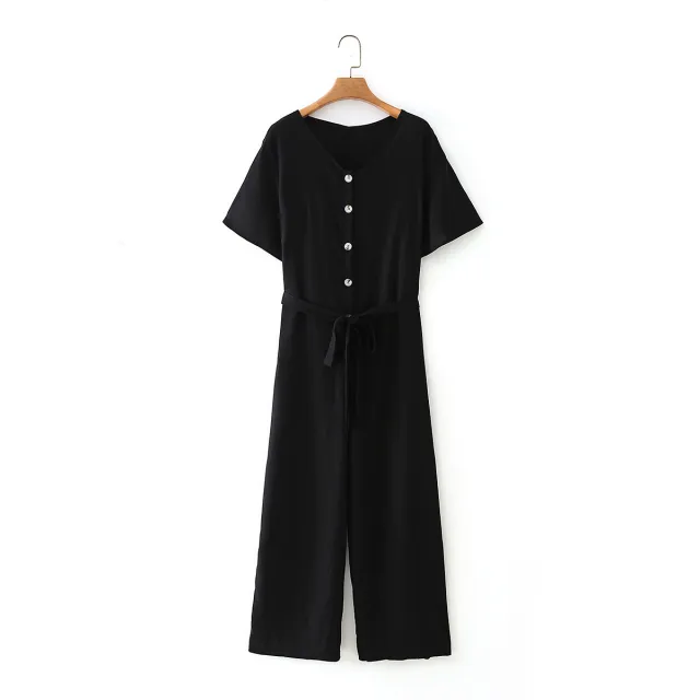 Women Summer Short Sleeve Black Jumpsuit Woman High Waist Lace Up Jumpsuit Romper Casual Overall Femme Wide Leg Pants Black - Shop at LoveMi