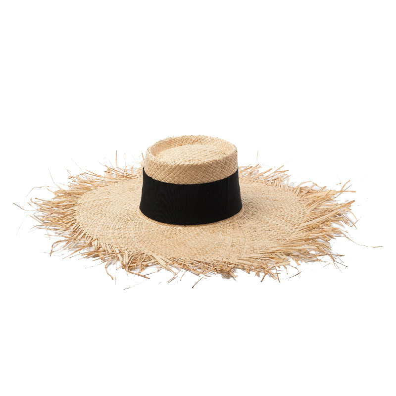 Ring Flat Straw Hat Sunscreen Beach Raffia Straw Hat Black2 - Shop at LoveMi