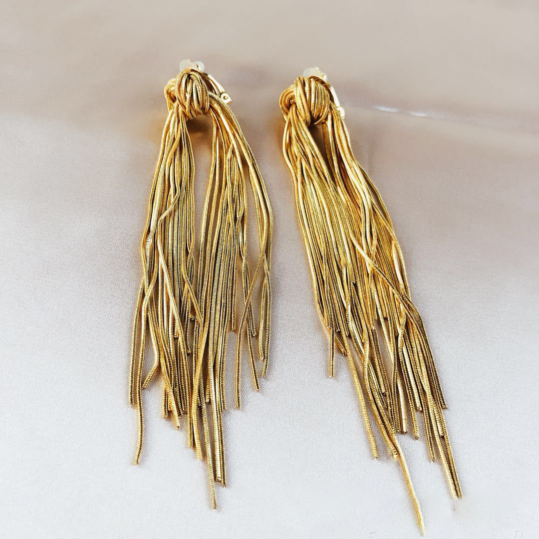 Gold Tassel Knotted Long Earrings European And American Temperament Fashion Catwalk Earrings