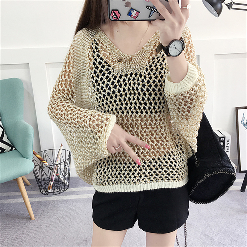 Knitted Hollow Coat Women'S Short Korean Bat Bright Silk