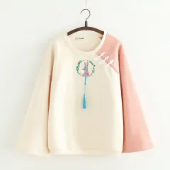 Japanese cartoon rabbit embroidery pullover and velvet sweater - Pink - View 1