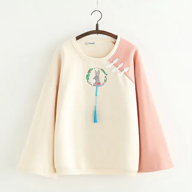 Japanese cartoon rabbit embroidery pullover and velvet sweater Pink - Shop at LoveMi