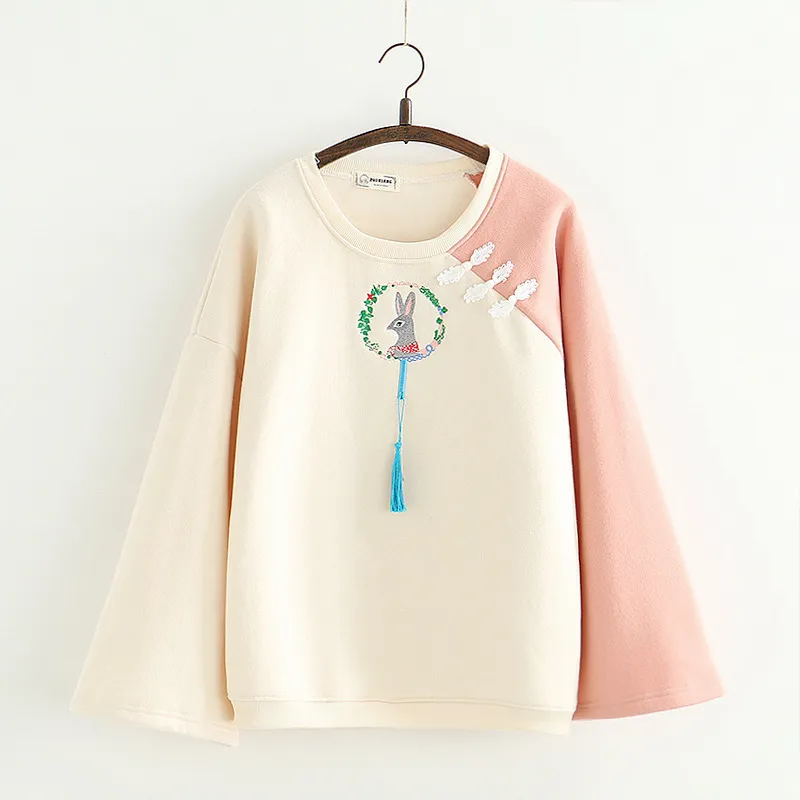Japanese cartoon rabbit embroidery pullover and velvet sweater - Pink
