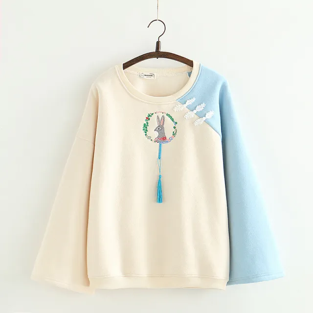 Japanese cartoon rabbit embroidery pullover and velvet sweater Blue - Shop at LoveMi
