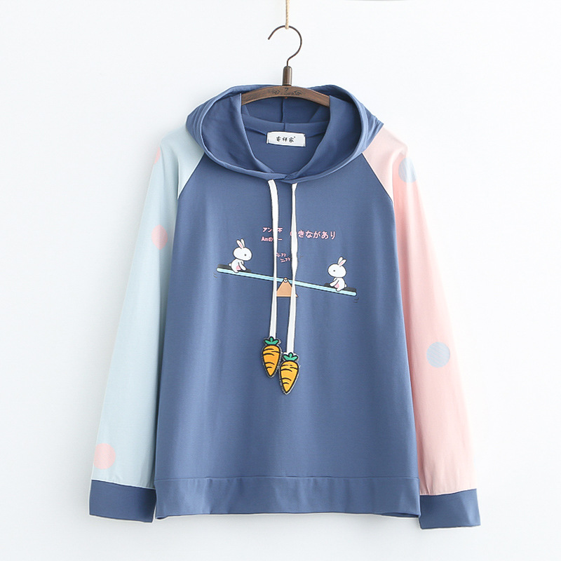 Sweet Rabbit Print Thin Hooded Sweater Female Junior High School Students Spring New Women'S Blouse