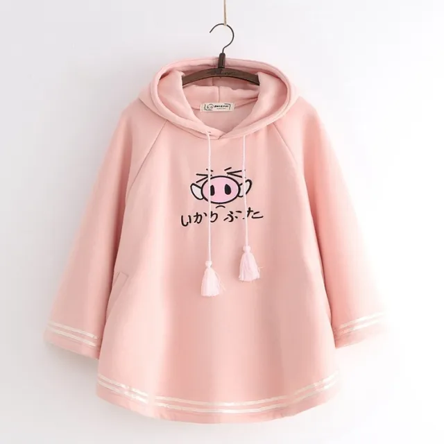Cute Angry Pig Cloak Horn Long Sleeve Plus Fleece Hoodie Pink - Shop at LoveMi