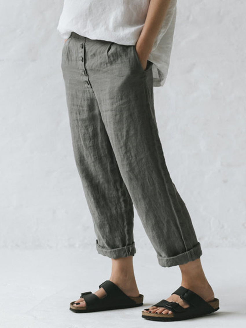 Title 2, Plus size linen pocket button casual pants, off...