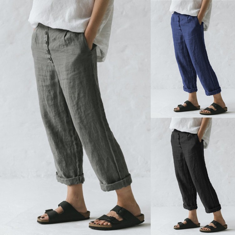 Linen Pocket Button Casual Plus Size Pants