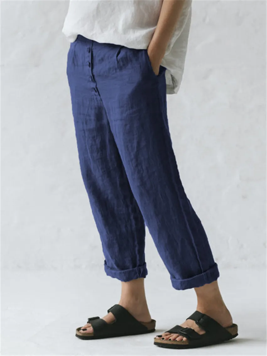 Linen Pocket Button Casual Plus Size Pants - Blue