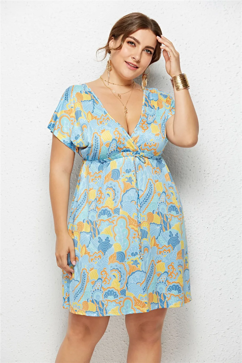 Sexy Deep V-Neck Elastic Waist Printed Dress - 6Style