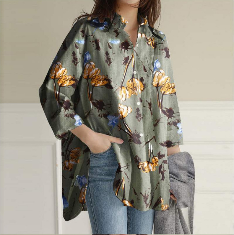 European And American Long-Sleeved Loose Large Size Casual Irregular Printed Blouse