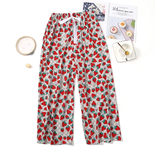A Women'S Hair Generation Summer Ice Silk Cool Pants Printed Slim Home Pajamas Cotton Silk Nine Point Wide Leg Pants Red - Shop at LoveMi