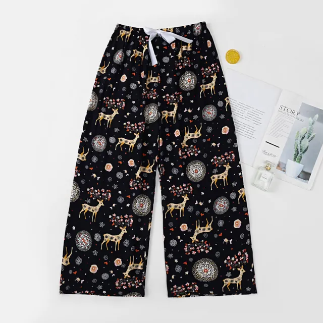 A Women'S Hair Generation Summer Ice Silk Cool Pants Printed Slim Home Pajamas Cotton Silk Nine Point Wide Leg Pants Black Deer - Shop at LoveMi