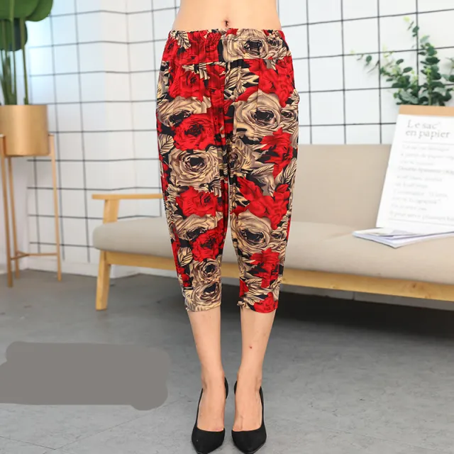 Cage pants printed large size thin ice silk elastic waist mother pants 5Style One Size - Shop at LoveMi