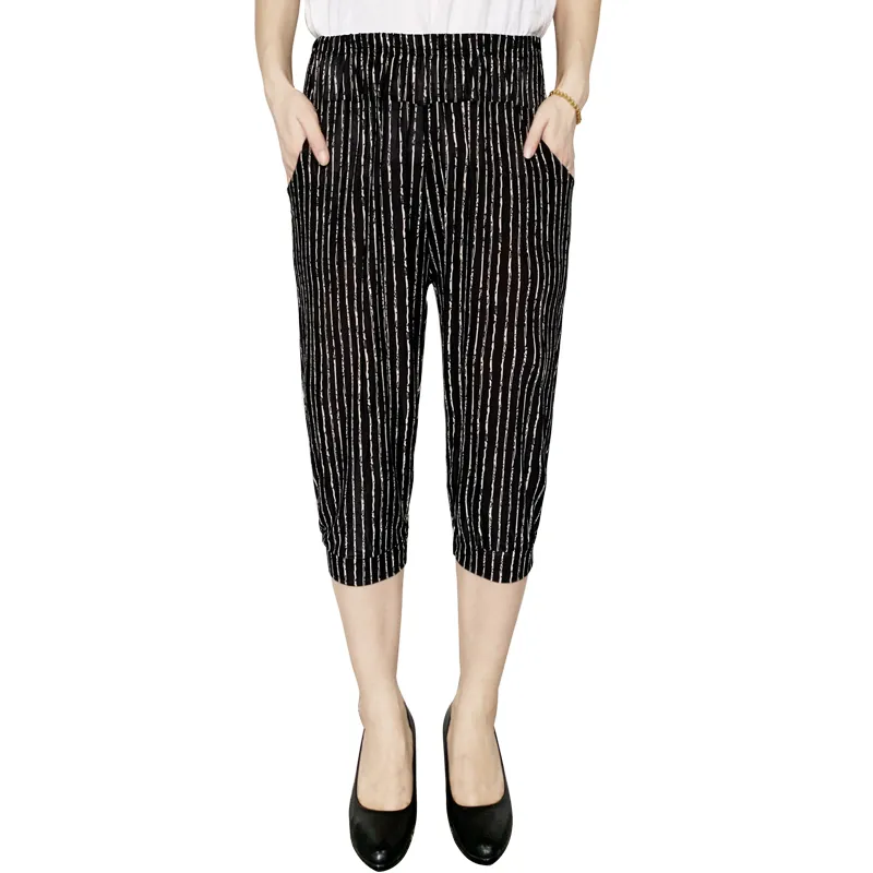 Cage pants printed large size thin ice silk elastic waist mother pants - 3 Style-One Size