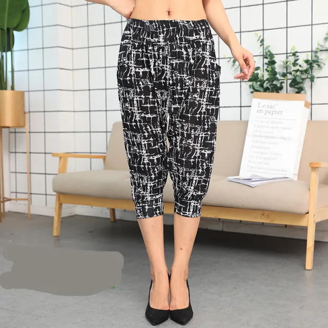 Cage pants printed large size thin ice silk elastic waist mother pants 4 Style One Size - Shop at LoveMi