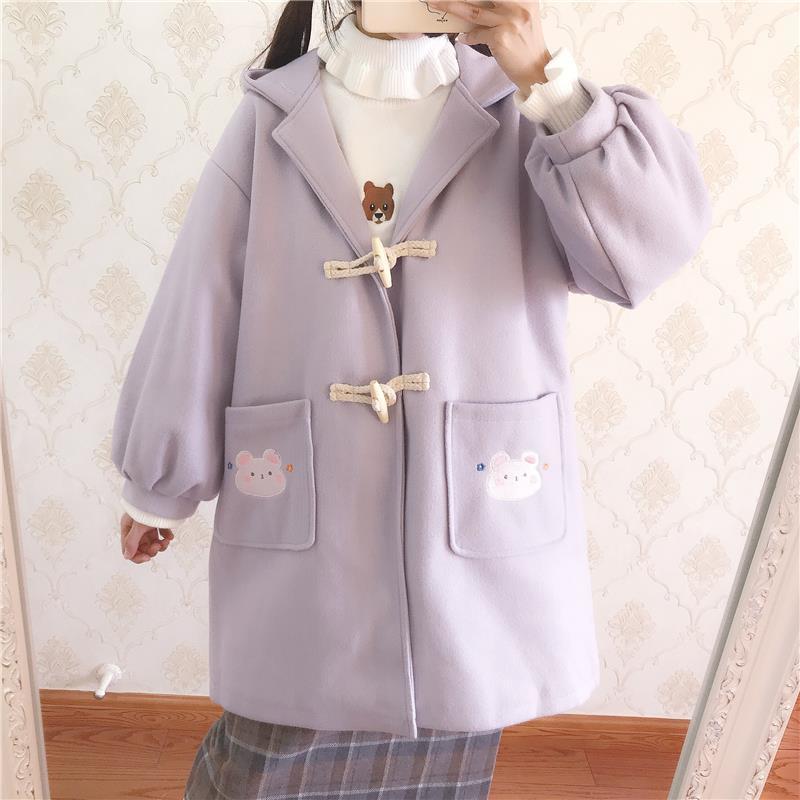 Purple Woolen Coat Female Mid-length Student College Style