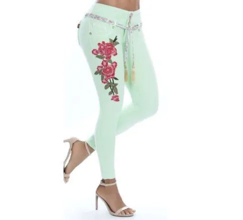 Lace Up Embroidered Skinny Stretch Jeans Green - Shop at LoveMi