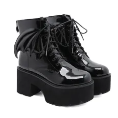 Goth Ankle Boots High Heels Patent Leather Womens Shoes on Platform - Black - View 1