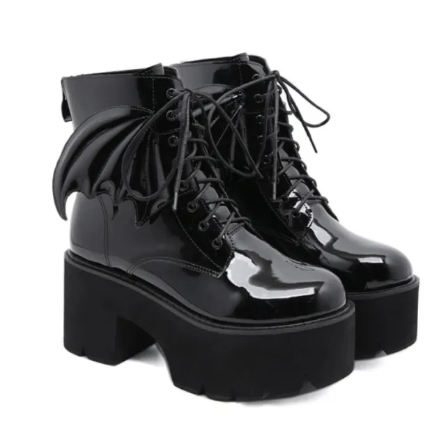 Goth Ankle Boots High Heels Patent Leather Womens Shoes on Platform Black - Shop at LoveMi