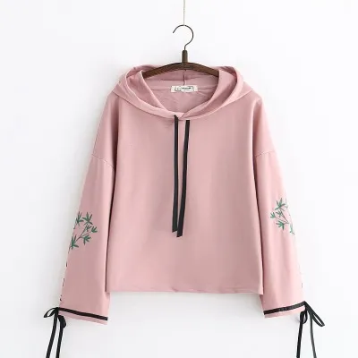 Loose Flared Sleeve Embroidered Hooded Sweatshirt Pink - Shop at LoveMi