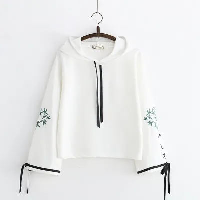 Loose Flared Sleeve Embroidered Hooded Sweatshirt White - Shop at LoveMi