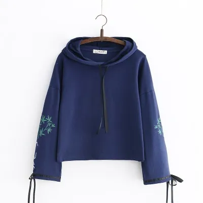 Loose Flared Sleeve Embroidered Hooded Sweatshirt Navy Blue - Shop at LoveMi