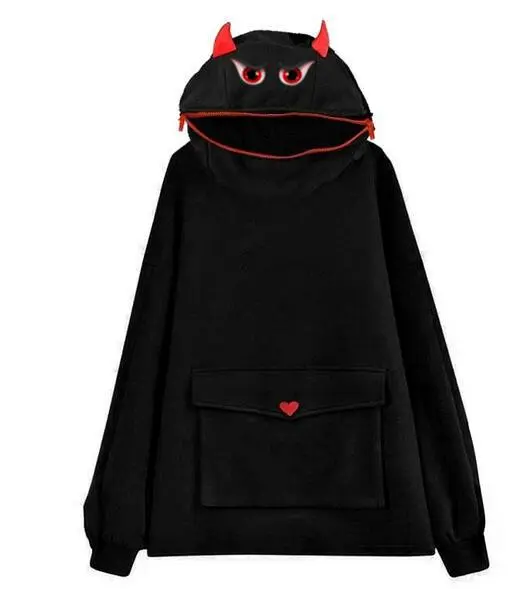 Cartoon Print Hoodie Plus Fleece Long Sleeve Sweater Black - Shop at LoveMi
