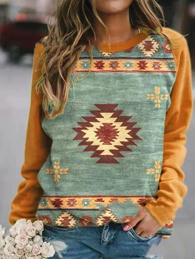 Casual Retro Printing Pullover Round Neck Long Sleeve Loose T Shirt Women Yellow - Shop at LoveMi