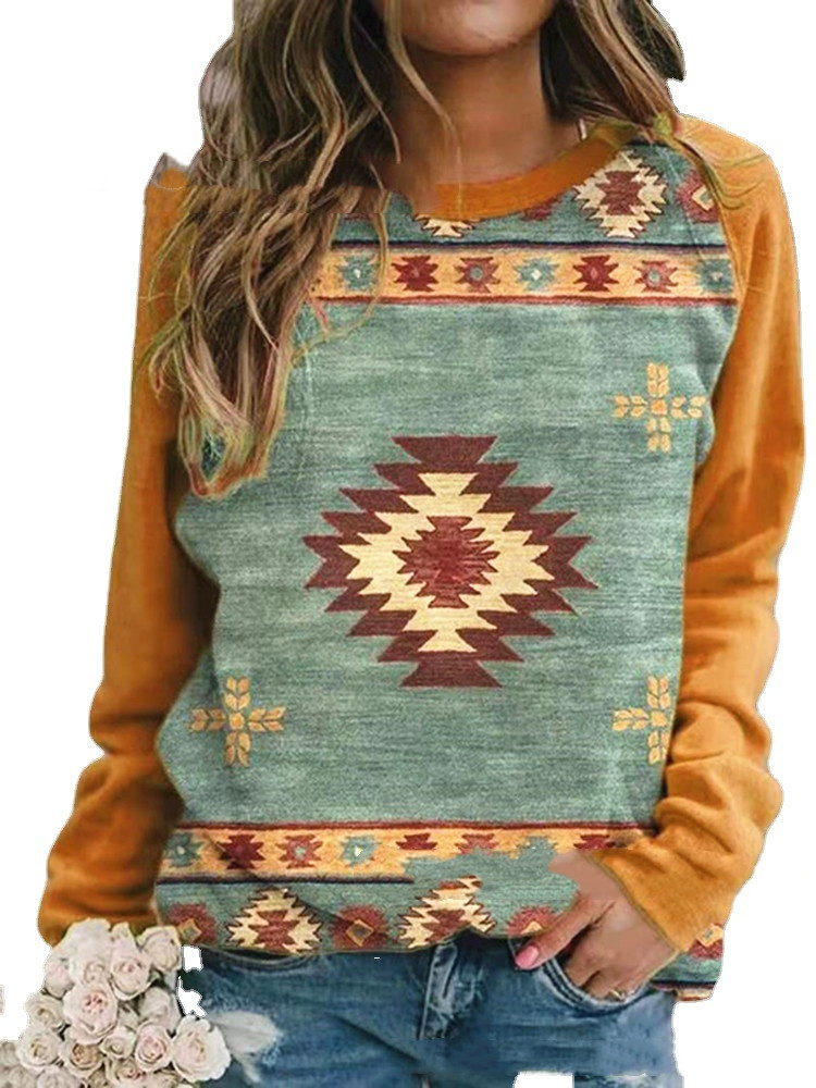 Casual Retro Printing Pullover Round Neck Long Sleeve Loose T Shirt Women