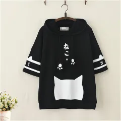 Cat Print Short-Sleeved Hooded T-Shirt - Black - View 1