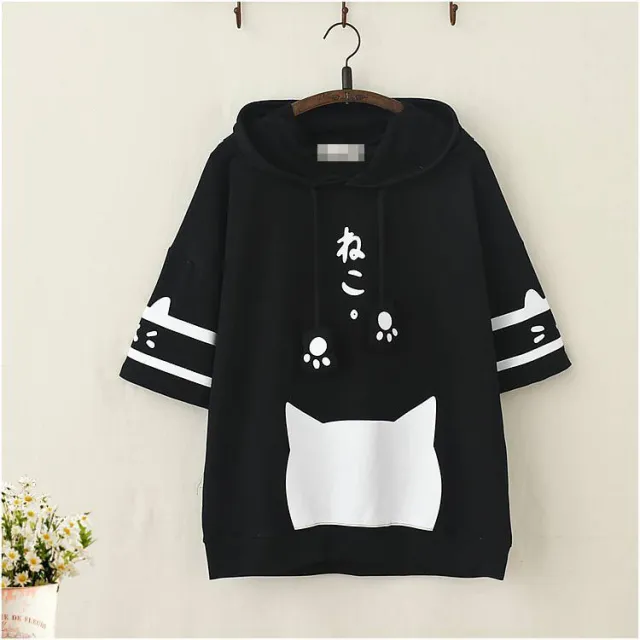 Cat Print Short Sleeved Hooded T Shirt Black - Shop at LoveMi