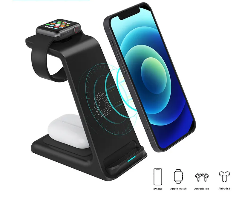 Vertical Three-in-one Wireless Charger 15W Fast Charge Dual-coil Desktop Stand Wireless Charger – image 4